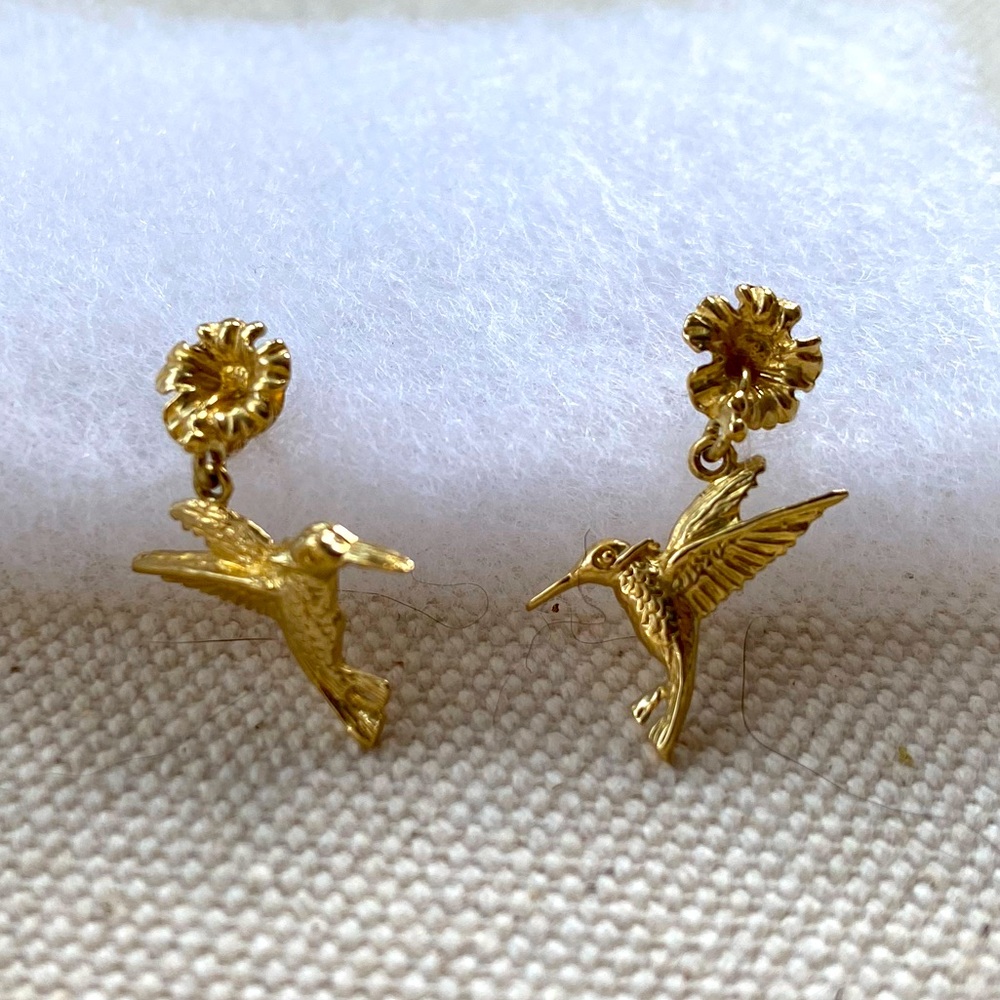 Gold Hummingbird & Flower Post Earrings